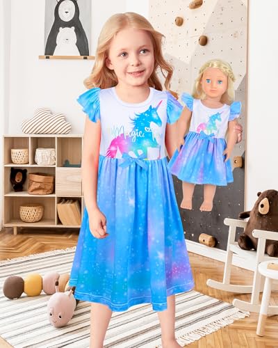 PASHOP Doll and Girl Matching Nightgown Flutter Sleeve Unicorn Princess Pajamas Night Dress for Girls and 18" Doll Clothes2