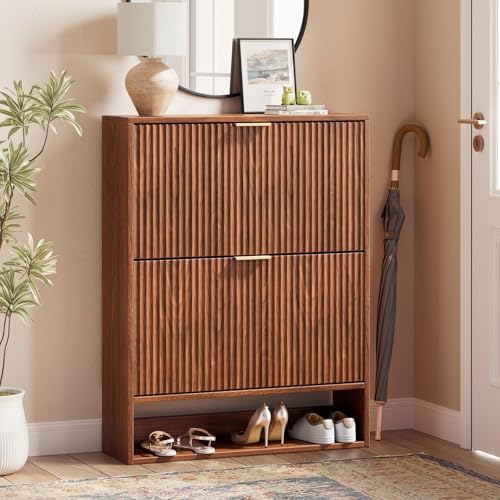 Image of Evermagin 31.5''W Walnut Shoe Cabinet Storage for Entryway, Fluted Slim Shoe Dresser with 2 Flip Drawers, Narrow Shoe Rack Cabinet, Hidden Shoe Organizer Cabinet for Entrance, Hallway