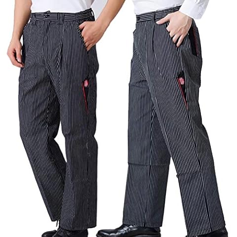 Xinwcang Chef Pants Trousers Men's Striped Hotel Kitchen Elastic Waist Catering Work Uniform - MC Black White Stripes| Semi Elastic, M Cover