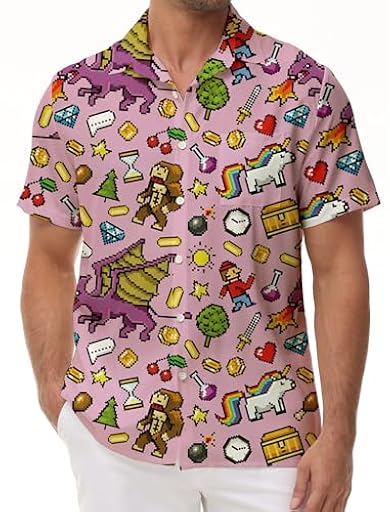 KYKU Disfraz de los años 80, ropa de los años 90, camisa hawaiana para hombre, camisas con botones, manga corta, trajes retro de discoteca, Camisetas de videojuegos, Small | Ya disponible en tu tienda friki favorita! En mundofriki.es!