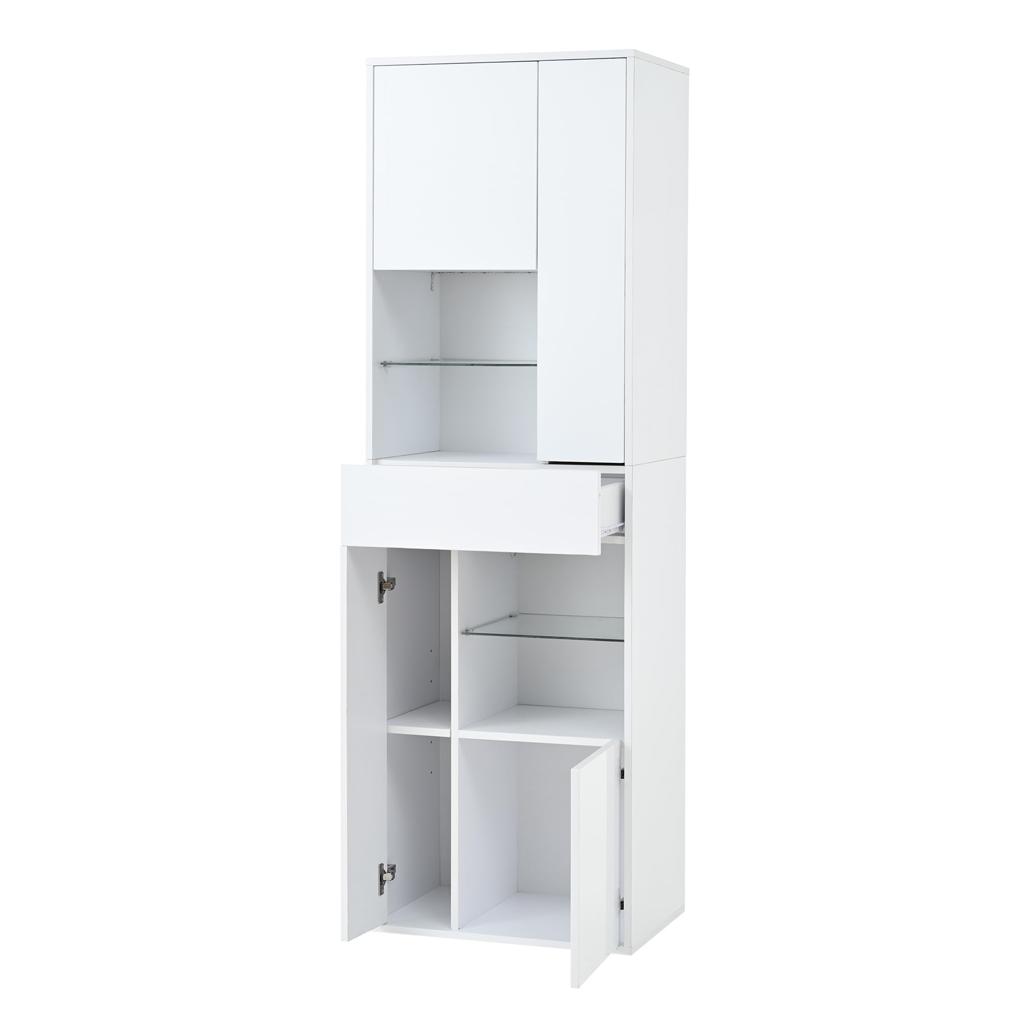 Armadio Alto Vetrina in Vetro, 55 x 38 x 170 cm, 1 Cassetto e 4 Armadi, Vetrine con Illuminazione LED, Design Lucido, per Soggiorno, Bianco