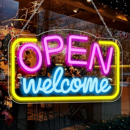 Image of Open Signs for Business, 16 inchX 9 inch Bright LED Neon Open Sign Powered by USB with ON /OFF Switch, Adjustable Brightness Open Sign for Bars, Hotel, Stores, Coffee, Window, Wall, Party (Pink&Blue&Yellow)