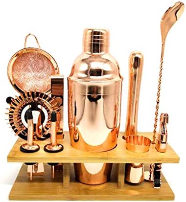 kebyy Bartender Kit Copper Coated Rose Gold Stainless Steel Bar Set with Stand Cocktail Maker Set