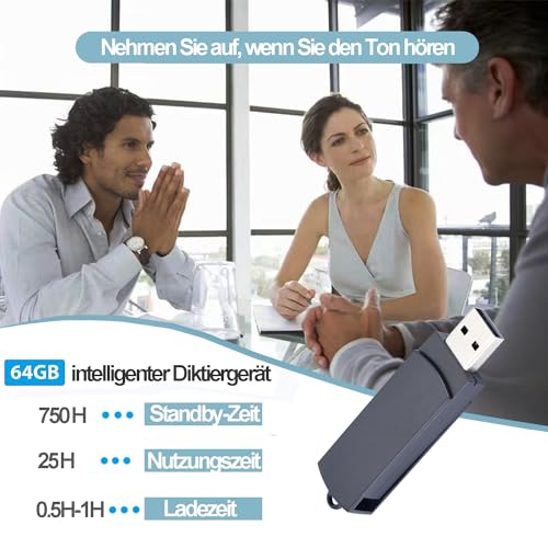 64GB USB Diktiergerät Digital, Voice Recorder mit Spracherkennung und One-Touch-Aufnahme, Aufnahmegerät Audio Professionell für Vorträge Meeting Interview Vorlesung (Black)