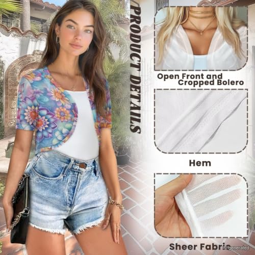 Image of Womens Short Sleeve Cardigans Lightweight Summer Cardigan Trendy Bolero Shrug Cute Floral Cardigan Sheer Bolero