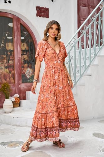 Image of R.Vivimos Women's Summer V Neck Maxi Dress Boho Floral Print Short Sleeve Elastic Waist Ruffle Patchwork A-Line Beach Dress