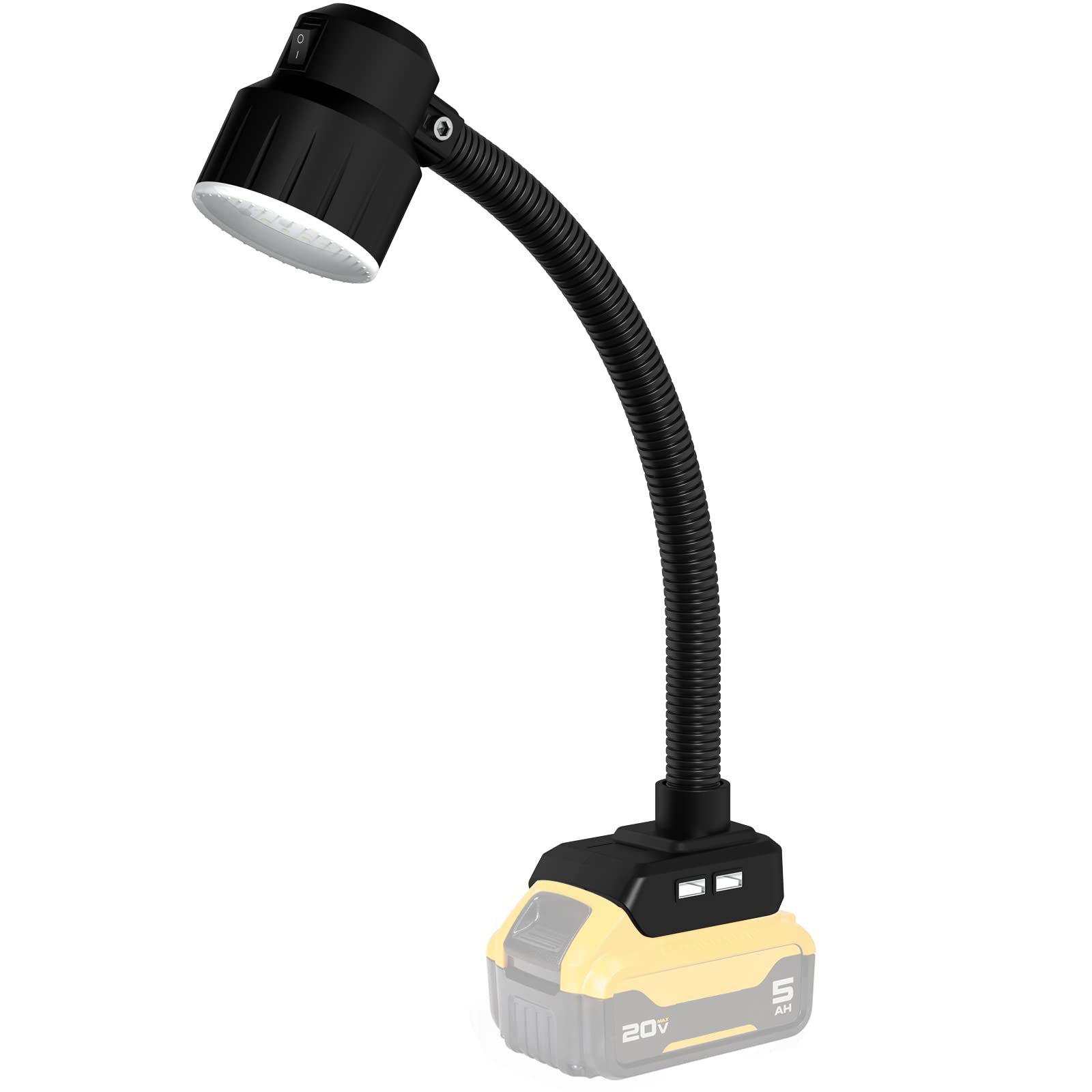 SHUNCANDA Schnurlose LED-Arbeitsleuchte 14,4V 18V 20v Akku, dimmbarer Scheinwerfer für Notfälle, Camping, Autoreparaturen, Outdoor mit USB und flexiblem Schwanenhals.(2 USBHarging Ports)