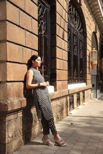 Greciilooks Women Rayon A-Line Regular Fit Kurta Set (Black, X-Large)