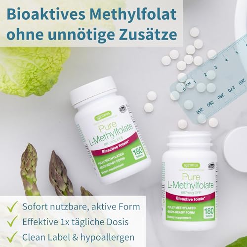 Igennus Reines Methylfolat 400 mcg, 180 Tabletten, Clean Label, optimiertes Methylfolat entspricht 667 mcg DFE, MTHFR-Nahrungsergänzungsmittel, laborgeprüft, vegan & hypoallergen, 6-Monatsvorrat