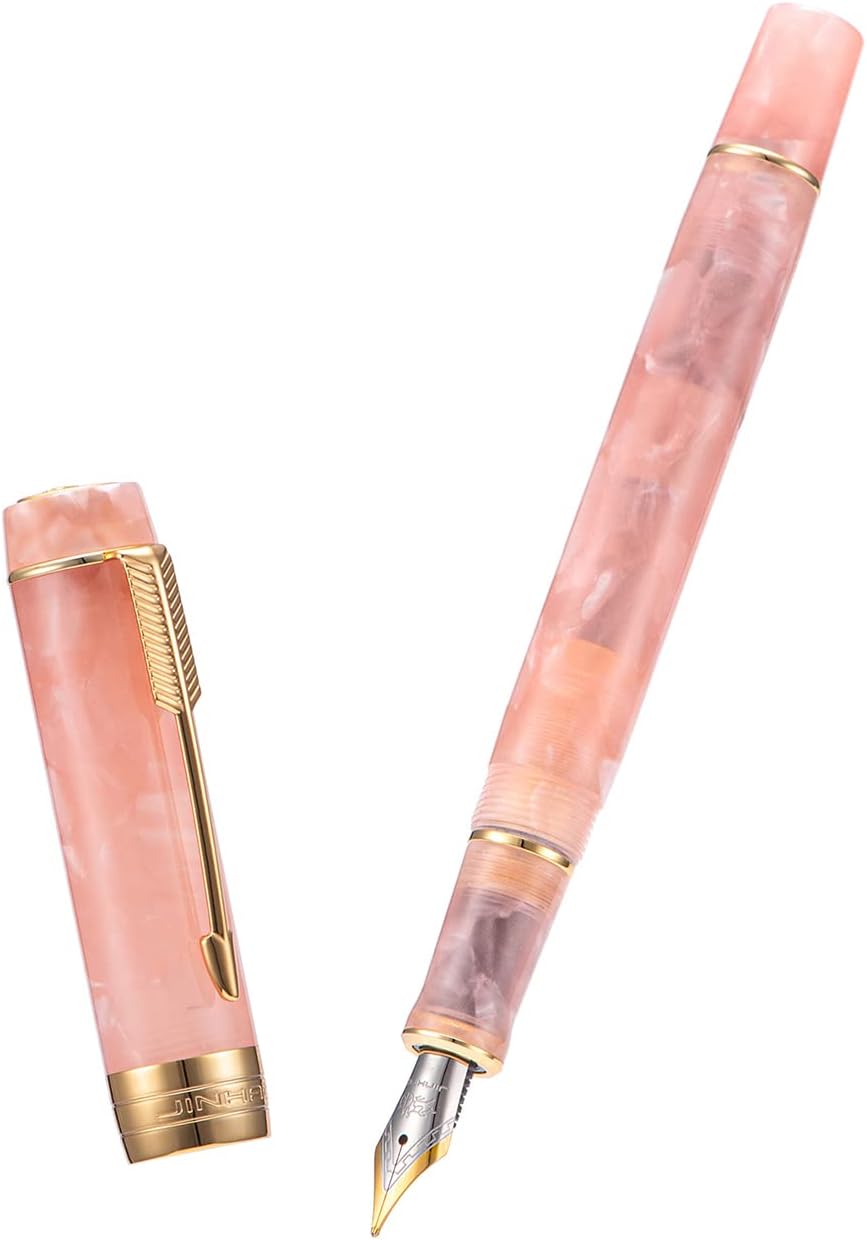 Jinhao 100 Mini Fountain Pen Fine Nib with Converter, Beautiful Pink Acrylic with Noble Clip Office Writing Pen