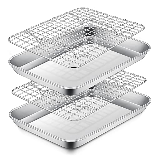 P&P CHEF Toaster Ofenpfanne und Rack, Edelstahl Mini Toaster Ofenbleche und Backregale Set für Fleisch, Kekse, Ofen und Spülmaschinenfest, (2 Pfannen + 2 Regale) Cover