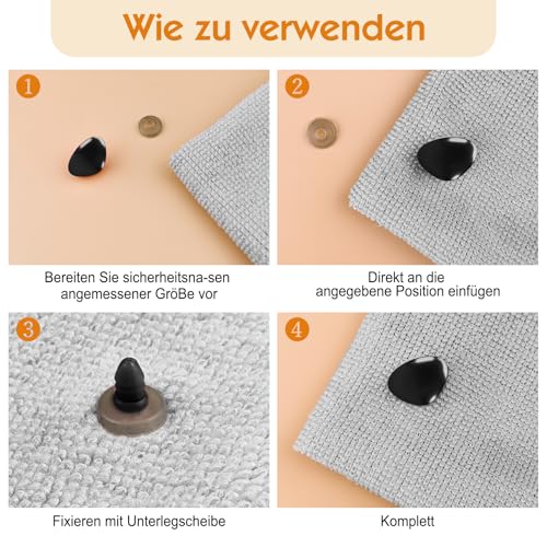 Hengxinchen 78 Stück 7-15MM Sicherheitsnasen für Häkeltiere, Kunststoff Sicherheitsnasen für Tiere Schwarz Braun Rosa, Puppennasen mit Unterlegscheiben für Hunde, Hund, Hase, Marionetten, DIY Handwerk