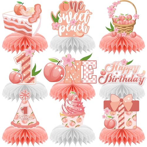 Image of 9pcs Peach One Birthday Honeycomb Centerpieces First Birthday Party Table Decorations Sweet ONE Peach Tabletop Centerpieces Baby Shower First Birthday Table Topper Sign Decorations