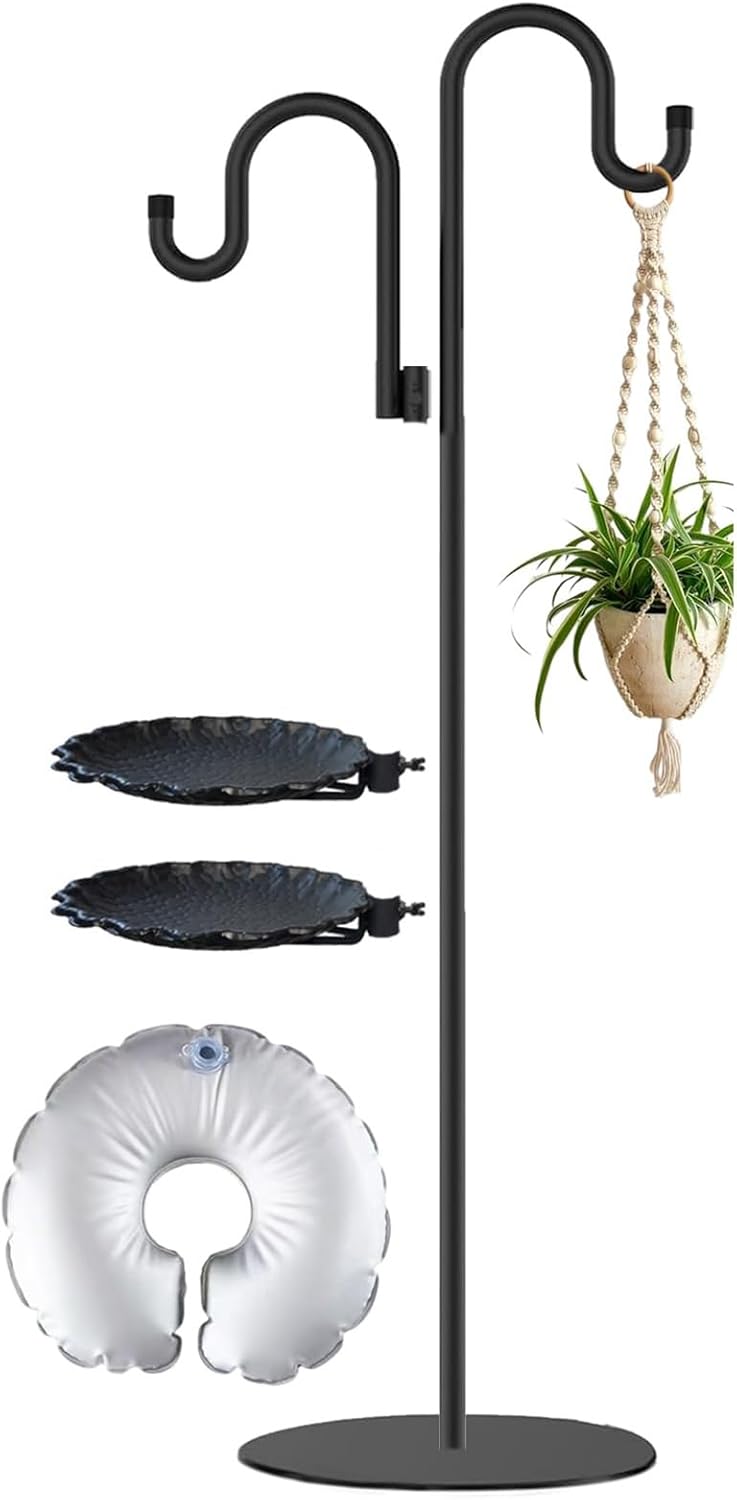 Upgraded 74" Shepherd's Hook Stand plant，Bird Feeder，Wind Chime Hanger Stand, （2 Placement Racks