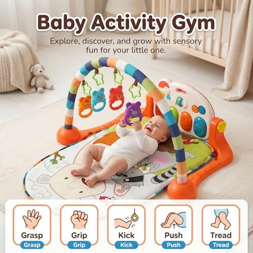Image of StarAndDaisy Baby Play Gym mat, Kick & Play Gym mat with Adjustable Piano for Baby, Infants & Toddler Gym /Play mat with Hanging rattles Toys Music & Light - Orange