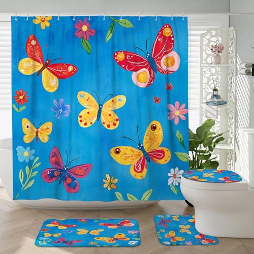 DESIHOM 4PCS Cartoon Kids Butterflies Shower Curtain 72''x72'' with Hooks, Bathroom Accessory Sets with Bath Mat, U Shape and Toilet Lid Cover Mat, Fun Blue Anime Home Fabric Decor