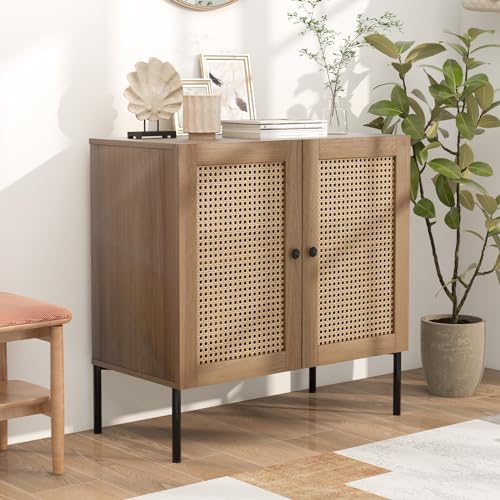 GYMAX Buffet Credenza Rattan, Armadio Cucina, Ripiano Regolabile a 3 Posizioni, Mobiletto Portaoggetti, Piedini in Metallo per Soggiorno, Sala da Pranzo, Corridoio, 80 x 40 x 80 cm (Marrone Chiaro)