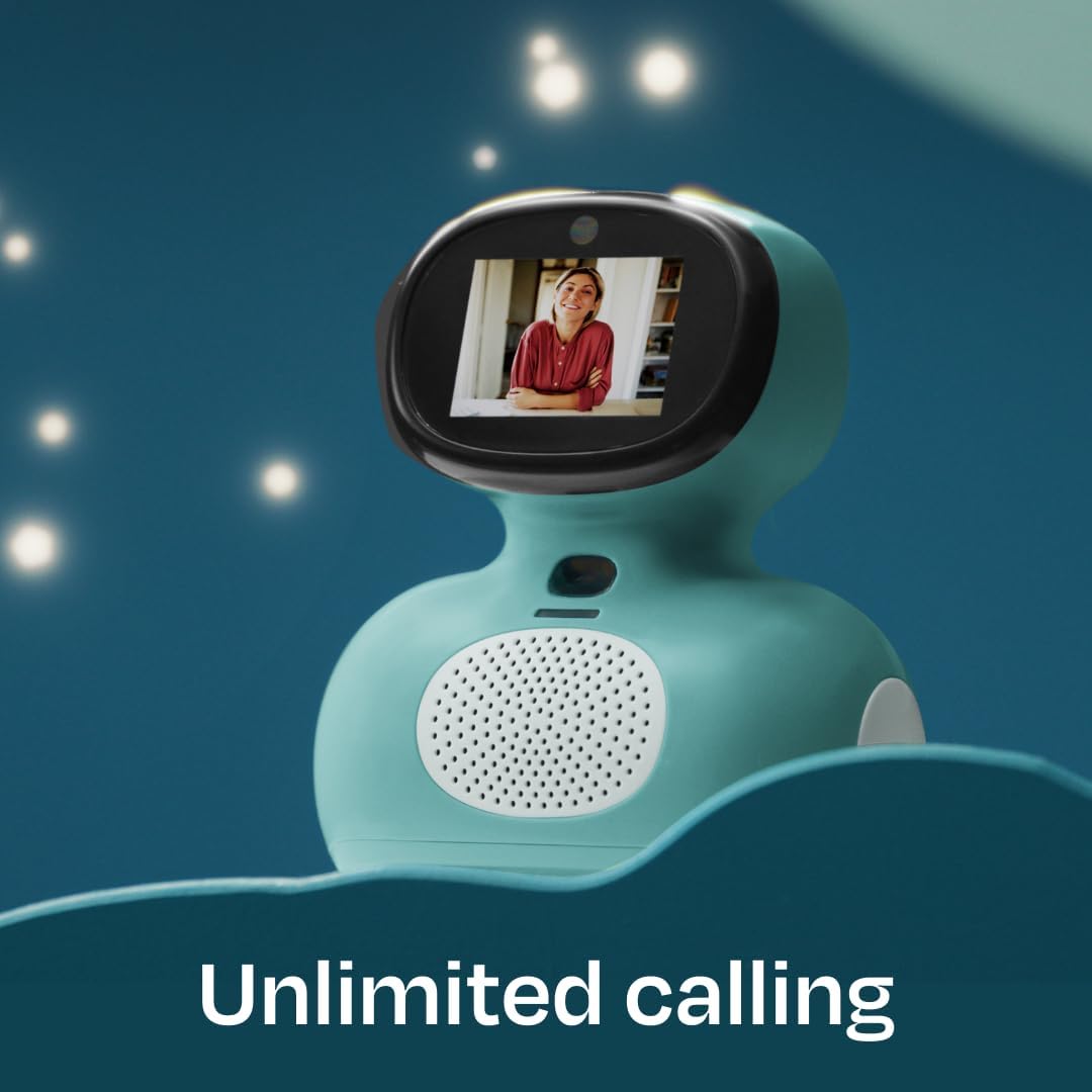 A Miko Mini robot displaying a video call on its screen, showing a smiling woman.