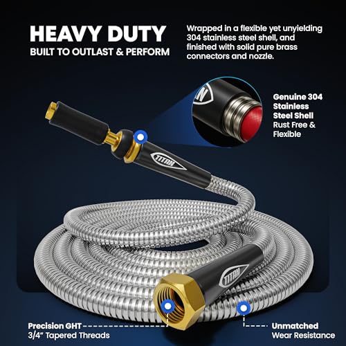 TITAN Garden Hose 100FT - 304 Stainless Steel Metal Water Hose, Flexible, Kink-Free, Lightweight, Durable, Crush Resistant Fittings, Easy to Coil, 500 PSI - Thumbnail 6