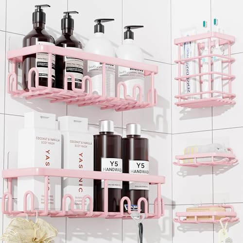 Image of YASONIC Shower Caddy Adhesive, 100% Rustproof Shower Organizer with Soap and Toothbrush Holder, Large Capacity Shower Shelves for Inside Shower, No Drill Shower Storage for Home (5 Pack Pink)