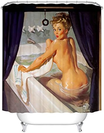 Fangkun Shower Curtain Sexy Pretty Girl Bathing Design - Vintage Retro Pin Up Girls Bathroom Curtains Art Painting Decor Set - 12pcs Shower Hooks - 72 x 72 inches