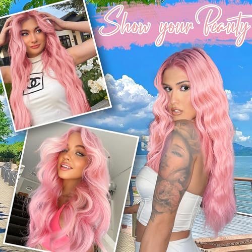 Image of AISI HAIR Pink Wig for Women, Long Wavy Lace Hairline Middle Part Synthetic Wig for Daily Party-26 Inch
