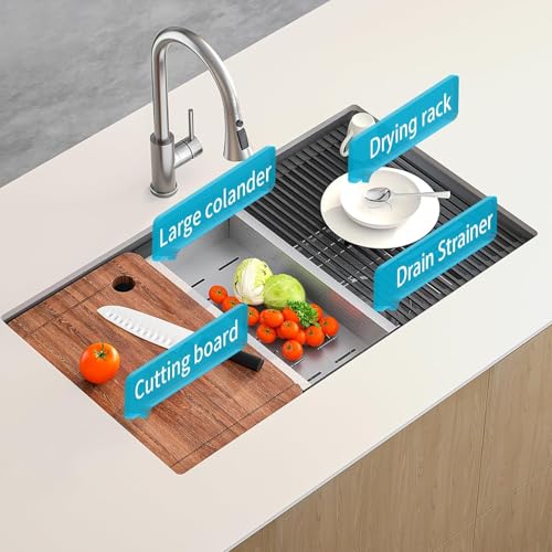 Image of 32-Inch Undermount Kitchen Sink, 304 Stainless Steel with Nano Coating, Single Bowl for Workstation, RV, Prep Kitchen, Includes Cutting Board & Roll-Up Dish Rack, and More Accessories (Black)