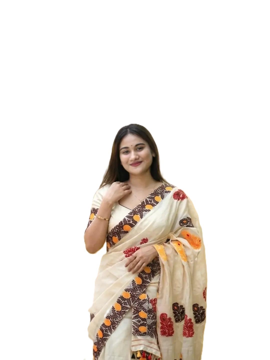 Cotton Assamese Mekhela Sador Woven Pattern Cultural Two Piece Dress With Coordinated Blouse Piece Cream Free Size(NOT SAREEE)-image-44