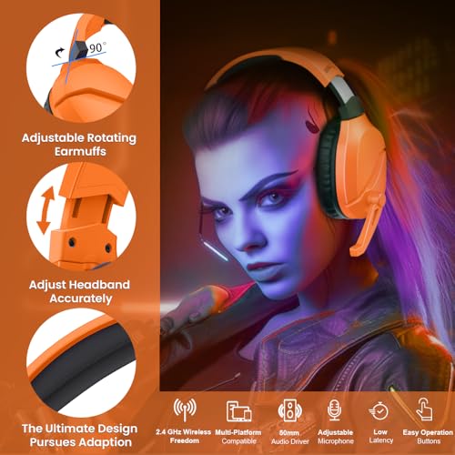 Image of Wireless Gaming Headset with Noise Canceling Microphone for PS5, PC, PS4, 2.4G /Bluetooth Gaming Headphones with USB and Type-c Connector, Wired Mode for Controller - Orange