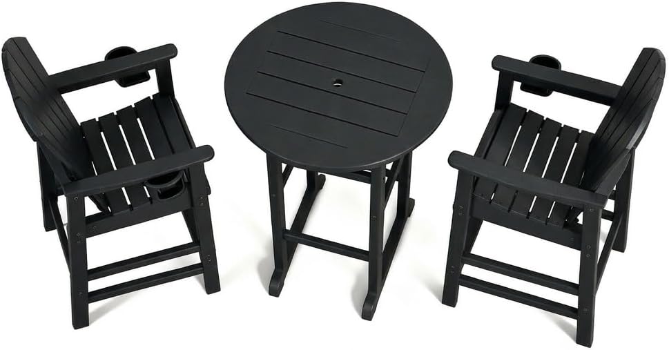 kevinplus 31.3'' Round Outdoor Bar Table & Stool Set of 3, Patio Counter Height Bar Stool with Umbrella Hole & Cup Holders, HDPE Material for Weather Resistant & Easy Assembly (3-Pcs, Black)