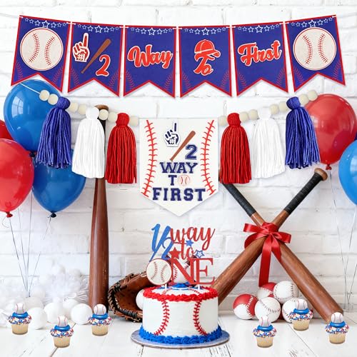 Image of Baseball 1 /2 Birthday Decorations Kit - Includes inch1 /2 Way to First inch Banner, High Chair Garland, Cake Topper, Soft Crown & Photo Backdrop for 6-Month Rookie Party