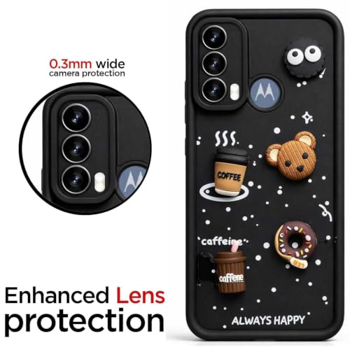 Image of Bintage Cute Fun Ball | Taddy Cartoon 3D Smiley Coffee Cup | Milk Donut | Full Protection Rubber Back Cover Compatible for Moto E30 / Moto E40 - Black