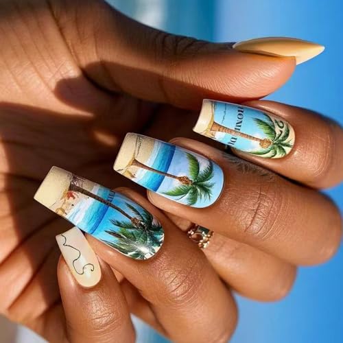 Press on Nails Coffin Fake Nails Glossy Stick on Nails Coconuts Tree Full CoverS False Nails Acrylic Glues on Nails - Image 7