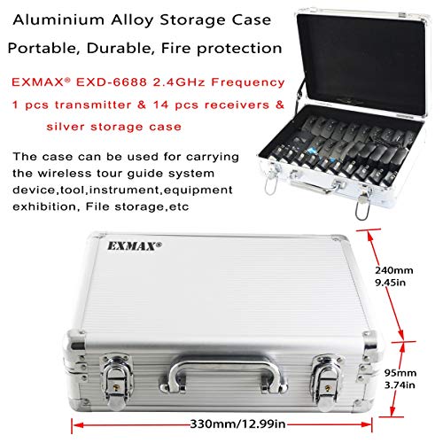 Sistema Inalámbrico de Guía Turística EXMAX EXD-6688 2,4 GHz con Transmisor y 14 Receptores de Oreja, Estuche de Aluminio Plateado miniatura 2