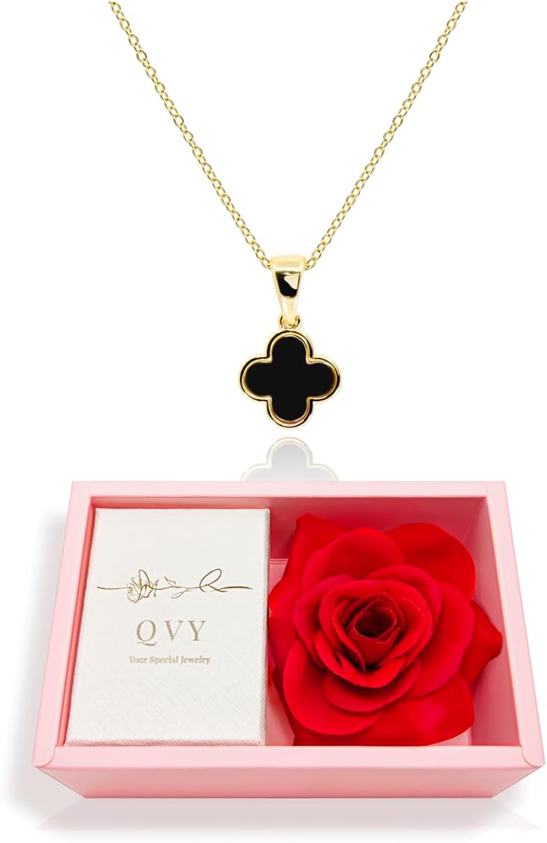 MUSEQVEFour Leaf Clover Necklace for Women Dainty Mother of Pearl White Black Onyx Pink Blue Mint Green Crystal Lucky Clover Pendant 14K Gold Plated Jewelry Gifts [CVRN]