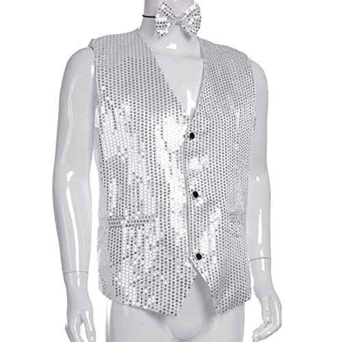 Men Stylish Suit Blazer Deep V-Neck Solid Color Sequins Slim Vest Button Waistcoat with Bow for Business Wedding2