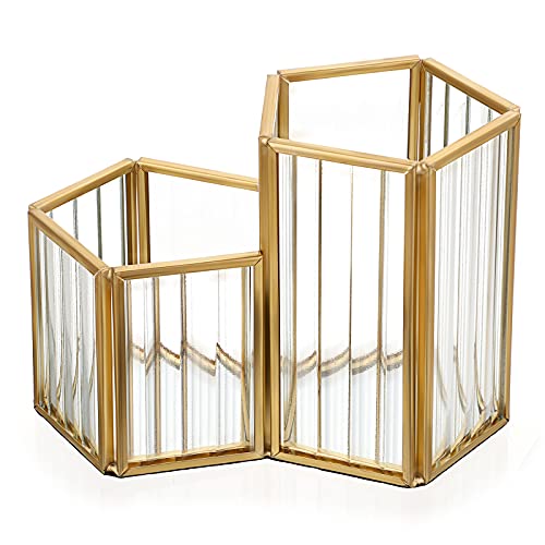 Hipiwe Gold Metal Glass Makeup Brush Holder Organizer Cosmetic Brushes Storage Eyeliners Eyebrow Pencil Display Case Desktop Pencil Pot Pen Cup Holder, 2 Tube Combination #TOP14