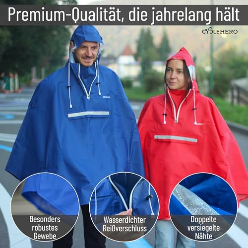 Regenponcho Fahrrad extra wasserdicht und robust - TEST SEHR GUT - Premium Regencape Fahrrad mit Reflektoren, Sichtfenster - Regenbekleidung als Regenponcho Herren und Damen - Regenjacke Blau in L