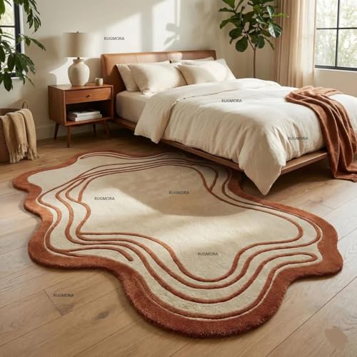 Image of Handmade Woollen Rug 6x8 Ft - Modern Irregular Shape Aesthetic Carpet, 1 Inch Thick Pile, Anti-Skid Backing, Soft Hand Tufted Wool Area Rug for Living Room, Bedroom, Hall Decor