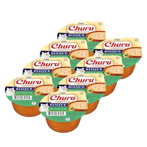 INABA Churu Complete Bisque for Cats Grain-Free High Protein & Moisture Wet Cat Food with Fish Oil 2.46oz. Cup 8 Cups Chicken Recipe with Tuna