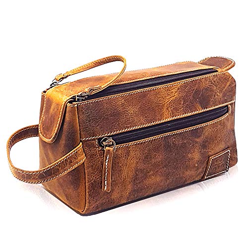 Leather Travel Toiletry Bag for Men and Women, Dopp Kit, Makeup Pouch and Cosmetics Organizer Case (Tan)