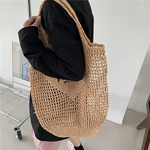 POOOPSSD New Woven Bag, Straw Mesh Tote Bag, Beach, Shoulder Bag, Hobo Women, Foldable Large Capacity, for Holiday, Picnic and Party. (Khaki) - Image 3