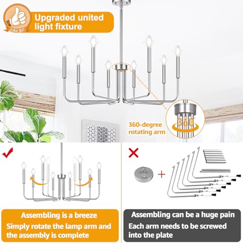 8-Light Farmhouse Chandelier for Dining Room Lighting Fixtures Hanging, Brushed Nickel Dining Light Fixtures Industrial Chandelier for Bedroom, Foyer, Hall, Kitchen, Living Room and Entryway
