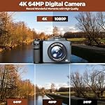4K Digital Camera for Photography 64MP Auto-Focus Vlogging YouTube Camera with 3'' Dual Cameras 18X Travel Compact Cameras with Flash, 2 Batteries & Charger, 64GB Card for Beginner - Image 2
