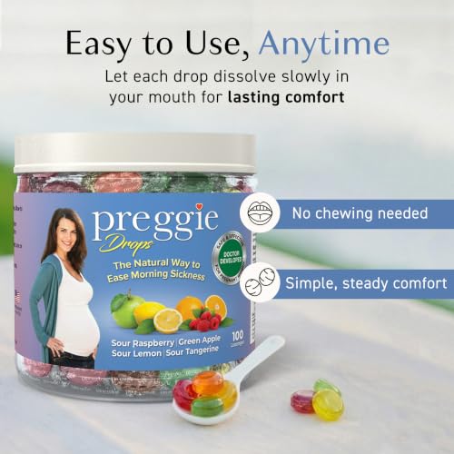 Image of Preggie Drops Pregnancy Nausea Lozenges with Essential Oils & Fruit Extracts, Morning Queasiness Lozenges for Pregnant Women, Natural Sour Drops Variety Pack, 100 Count