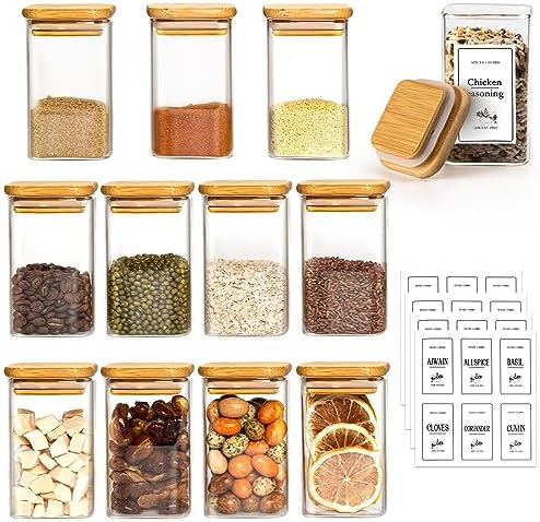 Xsiuyue Glass Jars with Bamboo Lids 12 Pack, 250ml/8oz Spice Jars with Lids and Labels, Airtight Kitchen Glass Storage Jars Spice Containers For Herbs, Spices, Seeds, Sugar, Nuts, Foods, Candy, Tea