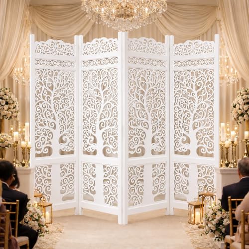 Image of Wooden Handcrafted Wooden Partition for Room Elegant Carved Premium Carved Wooden Partition Screen for Bedroom /Living Room /Home /Office (6 Feet 4 Panel) (6 Feet 4 Panel New Tree Design)
