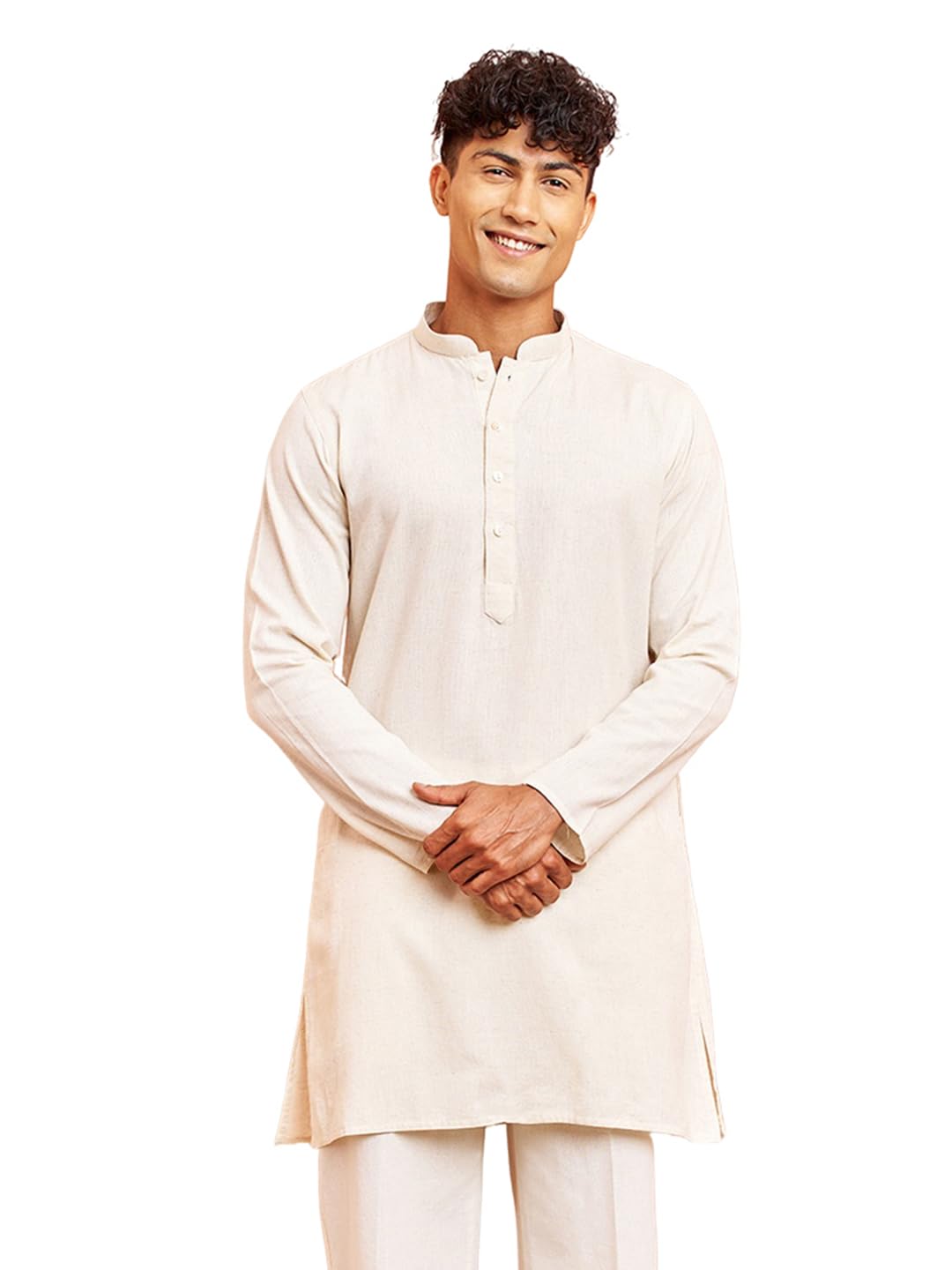 vastramay Men's Cream and White Cotton Short Kurta-picture-14