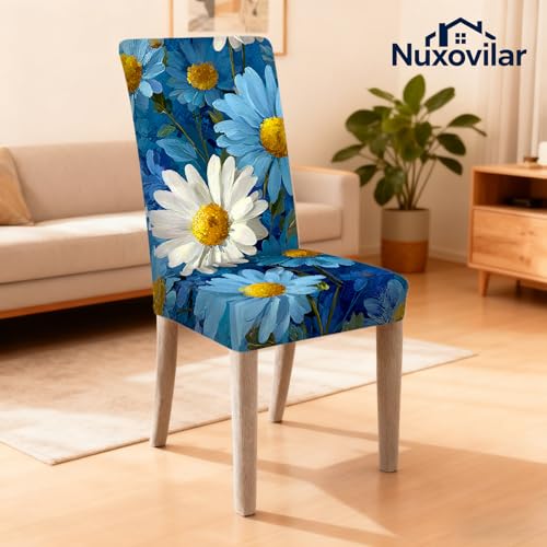 Image of Nuxovilar 2PCS Blue Daisy Print Milk Silk Dining Chair Covers