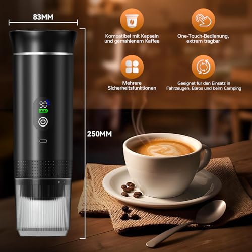 Tragbare Espressomaschine 3-in-1, Mini Kaffeemaschine mit Akku & Selbstheizung, Portable Espresso Machine USB Wiederaufladbar, Kompatibel mit Kapseln Gemahlenem Kaffee, fürAuto, Camping, Reisen & Büro 2